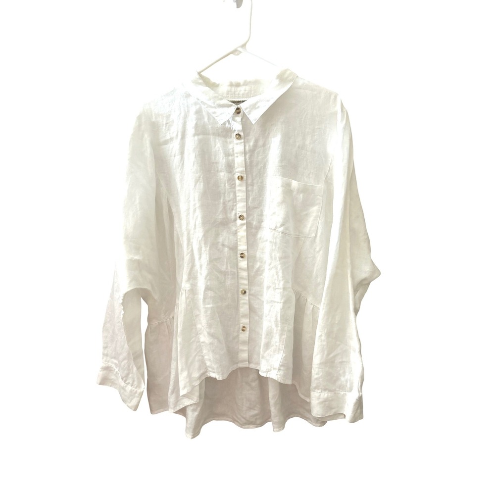 Holding Horses Anthropologie White 100% Linen Ruffle Hem Button Down Shirt XL